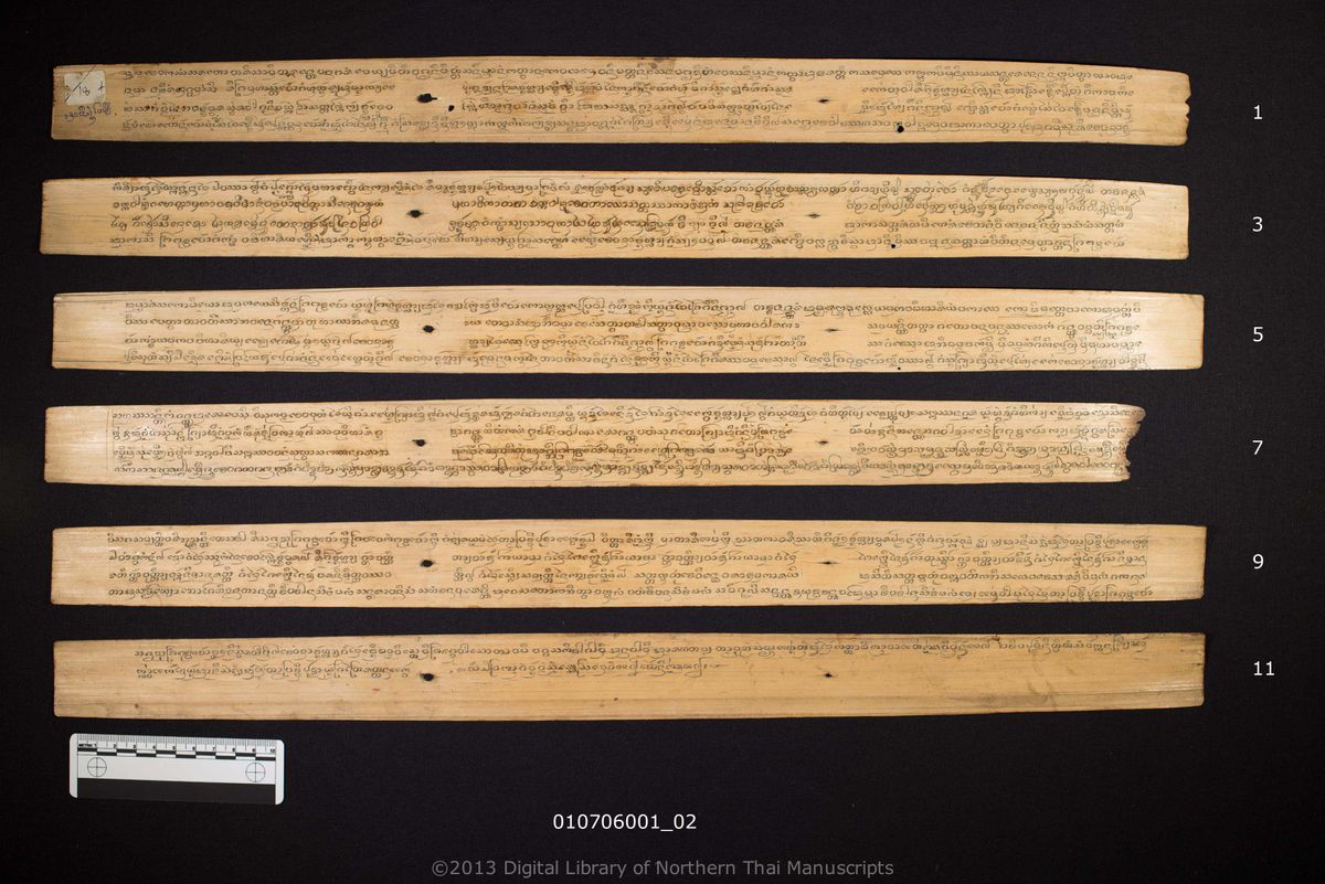 a page of Patip puca, a palm-leaf Buddhist Canonical (พระไตรปิฎก) manuscript in Tham Lanna script, held at Wat Phra Sing Woramahawihan, Chiang Mai