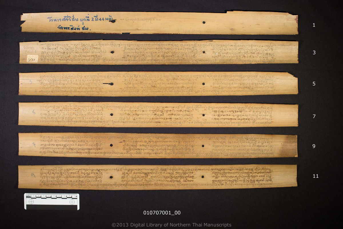 a page of Wohan siwicai phuk song, a palm-leaf Jātaka (ชาดก) manuscript in Tham Lanna script, held at Wat Phra Sing Woramahawihan, Chiang Mai; dated 1183 (Cunlasakkalat (CS))