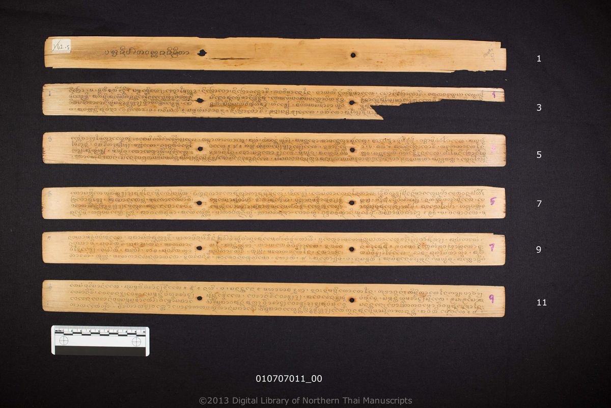 a page of Panca nibat wannana, a palm-leaf Jātaka (ชาดก) manuscript in Tham Lanna script, held at Wat Phra Sing Woramahawihan, Chiang Mai
