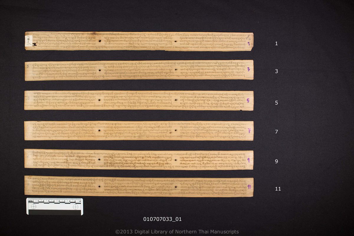 a page of Nisai attha nibata, a palm-leaf Buddhist Canonical (พระไตรปิฎก) manuscript in Tham Lanna script, held at Wat Phra Sing Woramahawihan, Chiang Mai; dated 924 (Cunlasakkalat (CS))
