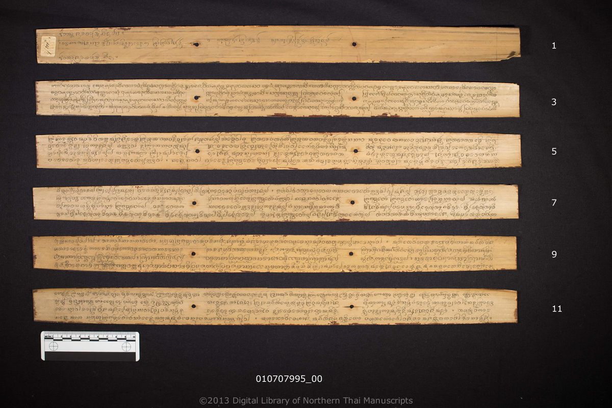 a page of Wohan nalata, a palm-leaf Jātaka (ชาดก) manuscript in Tham Lanna script, held at Wat Phra Sing Woramahawihan, Chiang Mai; dated 1175 (Cunlasakkalat (CS))