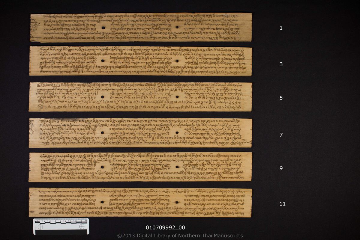 a page of Pha kammatthan, a palm-leaf Buddhist Canonical (พระไตรปิฎก) manuscript in Tham Lanna script, held at Wat Phra Sing Woramahawihan, Chiang Mai; dated 1234 (Cunlasakkalat (CS))