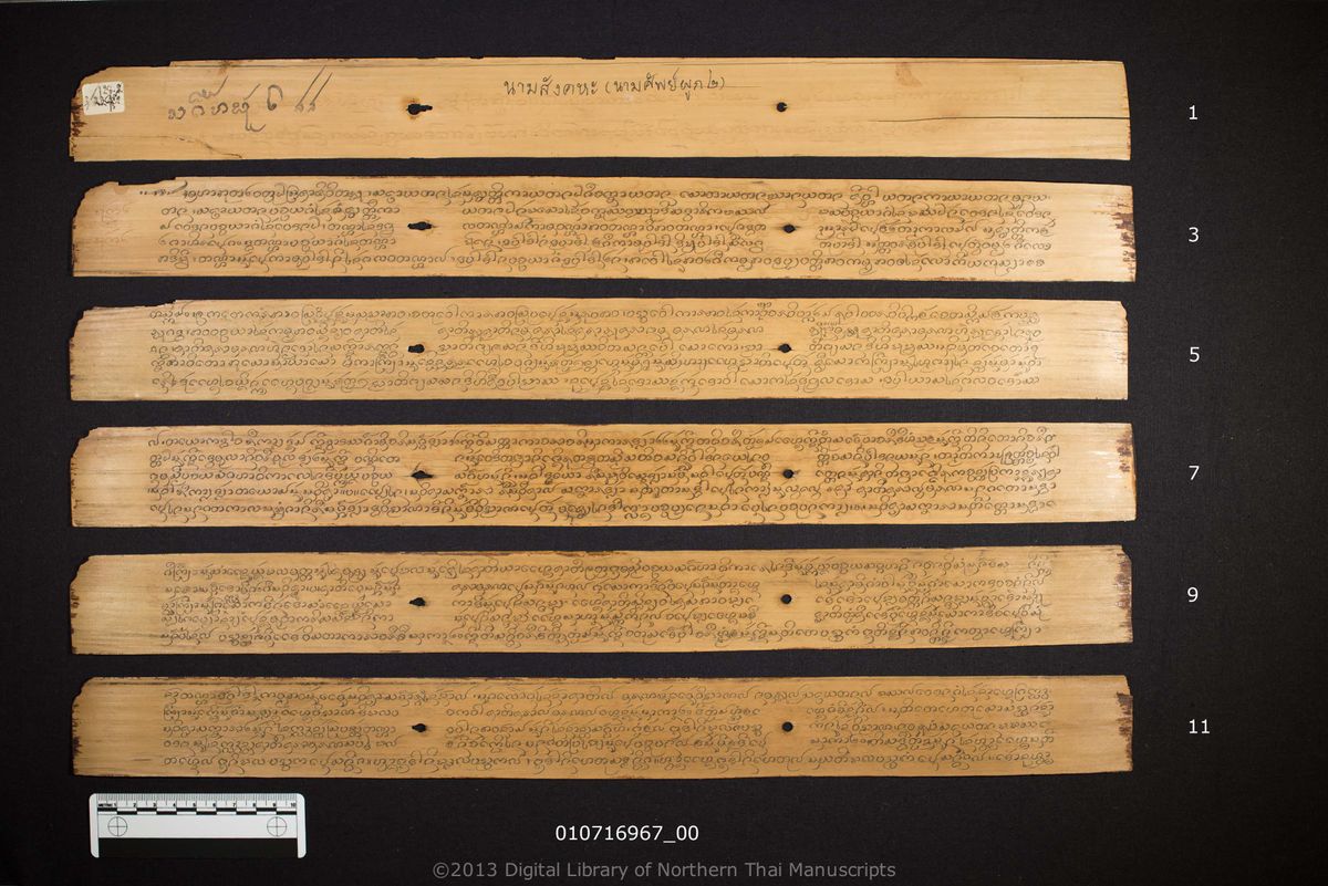 a page of Nama sangkaha, a palm-leaf Grammar & Lexicography (ไวยากรณ์) manuscript in Tham Lanna script, held at Wat Phra Sing Woramahawihan, Chiang Mai
