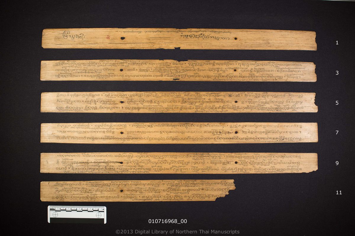 a page of Nama sap tua kalok, a palm-leaf Grammar & Lexicography (ไวยากรณ์) manuscript in Tham Lanna script, held at Wat Phra Sing Woramahawihan, Chiang Mai