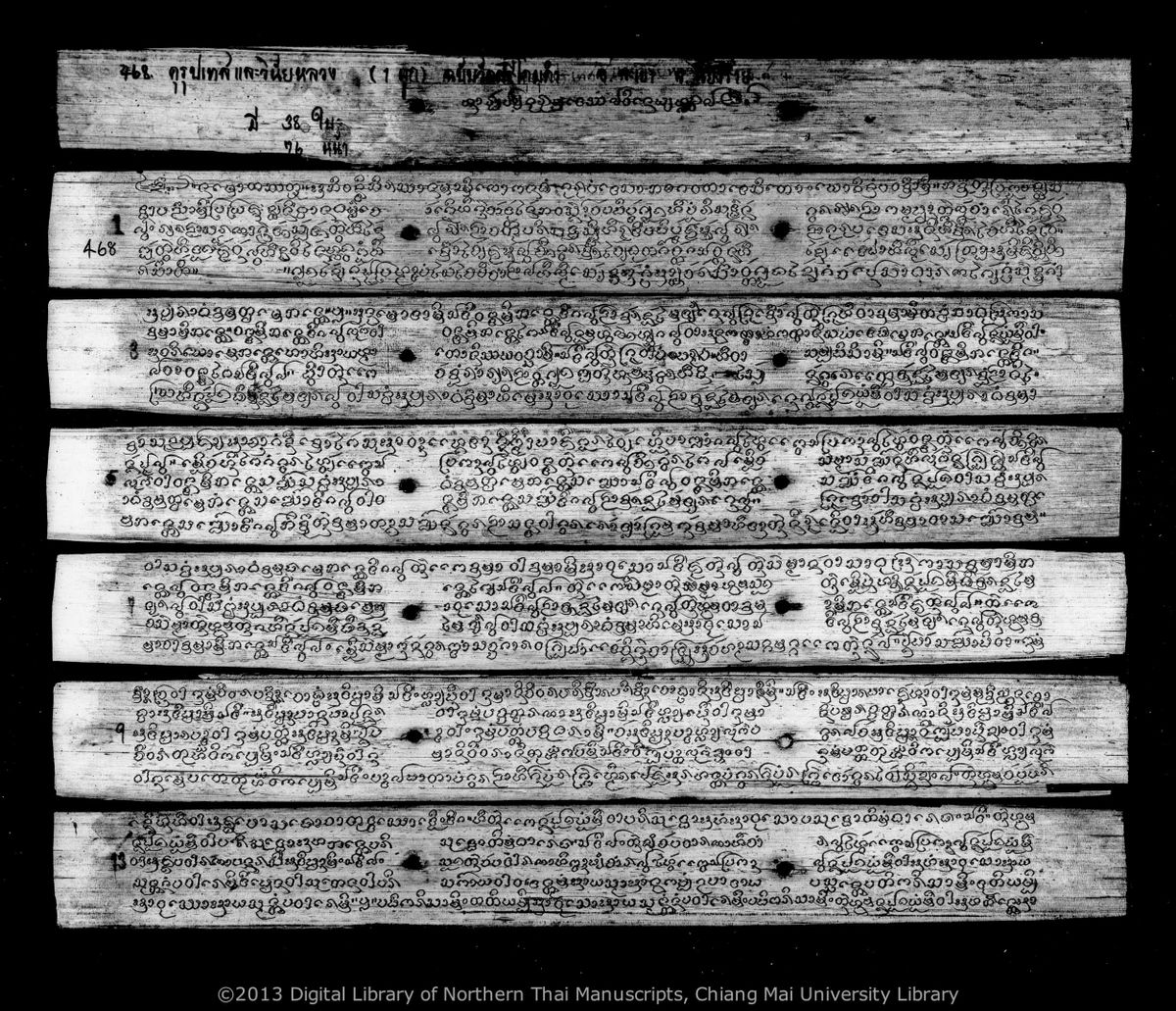 a page of Kulupatet, a palm-leaf Customary Law (กฎหมายจารีต) manuscript in Tham Lanna script, held at Wat Si Khom Kham, Phayao
