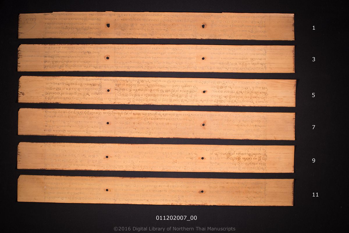 a page of Nisai wisutthimakka, Aphithamma matika, a palm-leaf Buddhist Canonical (พระไตรปิฎก) manuscript in Tham Lanna script, held at Wat Phra That Si Com Thong Worawihan, Chiang Mai; dated 1132 (Cunlasakkalat (CS))