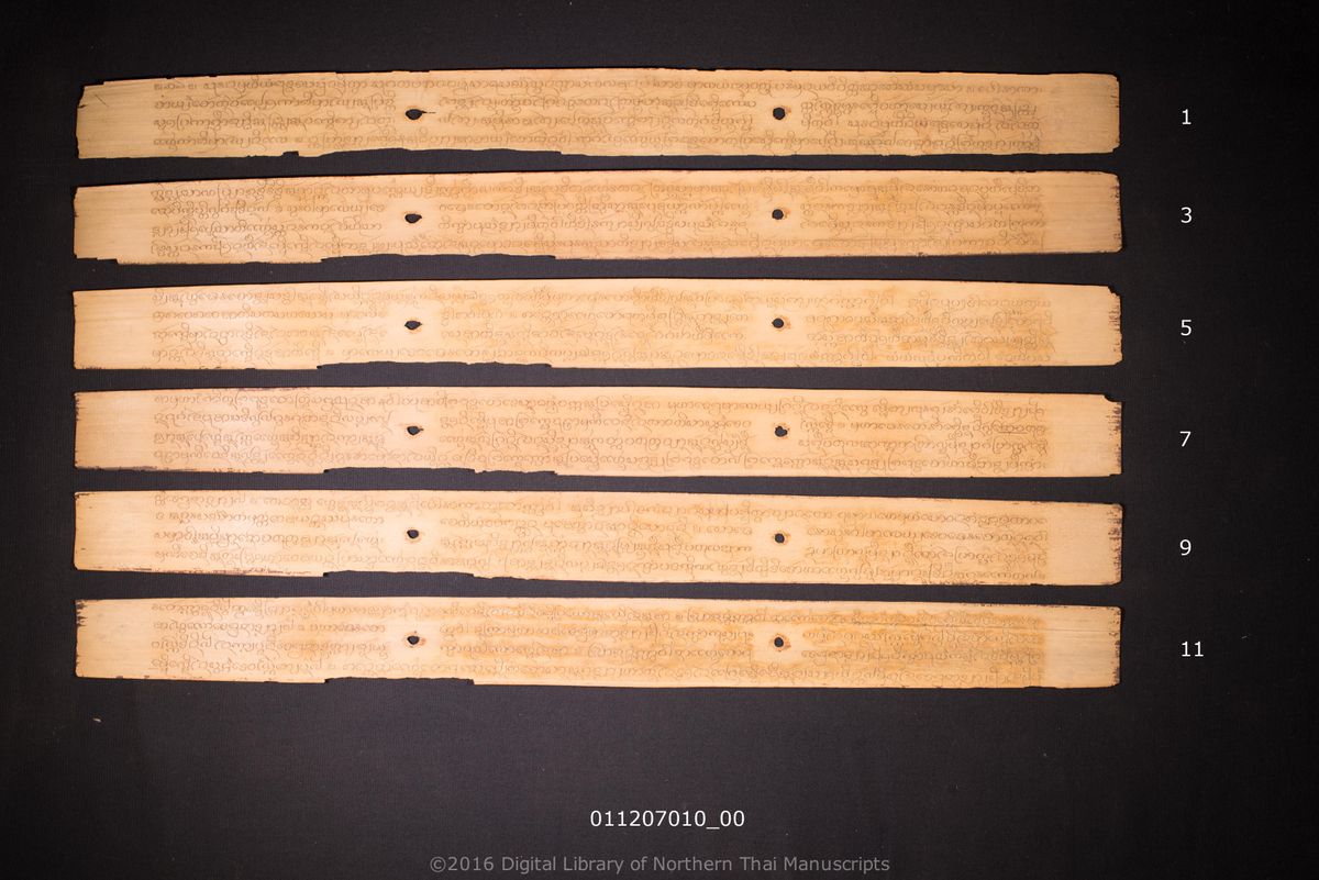 a page of Mahawetsantala cataka, a palm-leaf Jātaka (ชาดก) manuscript in Tham Lanna script, held at Wat Phra That Si Com Thong Worawihan, Chiang Mai; dated 1070 (Cunlasakkalat (CS))