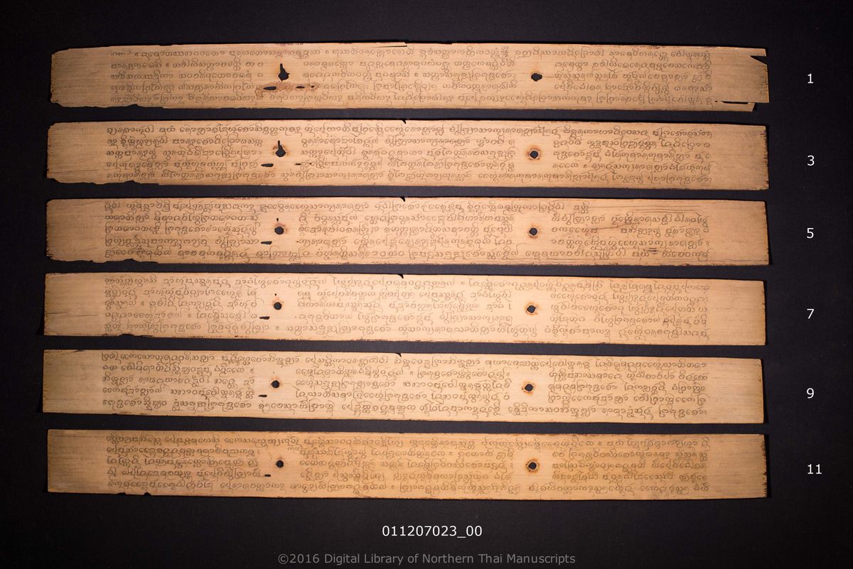 a page of Tatsawala, Himmawanta, Tanakhan, Wannapawet, Cucok, Mahapon, Kumalaban, Matthi, Mahalat, Sakkatti, Nakon, a palm-leaf Jātaka (ชาดก) manuscript in Tham Lanna script, held at Wat Phra That Si Com Thong Worawihan, Chiang Mai; dated 1103 (Cunlasakkalat (CS))