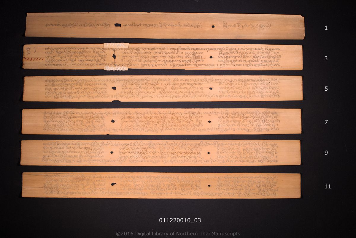 a page of Satipathan, a palm-leaf Buddhist Canonical (พระไตรปิฎก) manuscript in Tham Lanna script, held at Wat Phra That Si Com Thong Worawihan, Chiang Mai