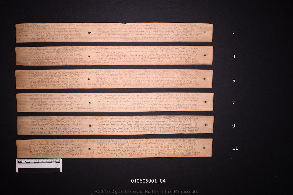a page of Anisong song sakan phi tai, a palm-leaf Buddhist Canonical (พระไตรปิฎก) manuscript in Tham Lanna script, held at Wat Pa Sak Noi, Chiang Mai; dated 1240 (Cunlasakkalat (CS))