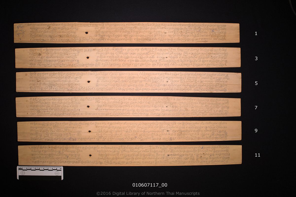 a page of Khwai sam khao, a palm-leaf Jātaka (ชาดก) manuscript in Tham Lanna script, held at Wat Pa Sak Noi, Chiang Mai; dated 1321 (Cunlasakkalat (CS))