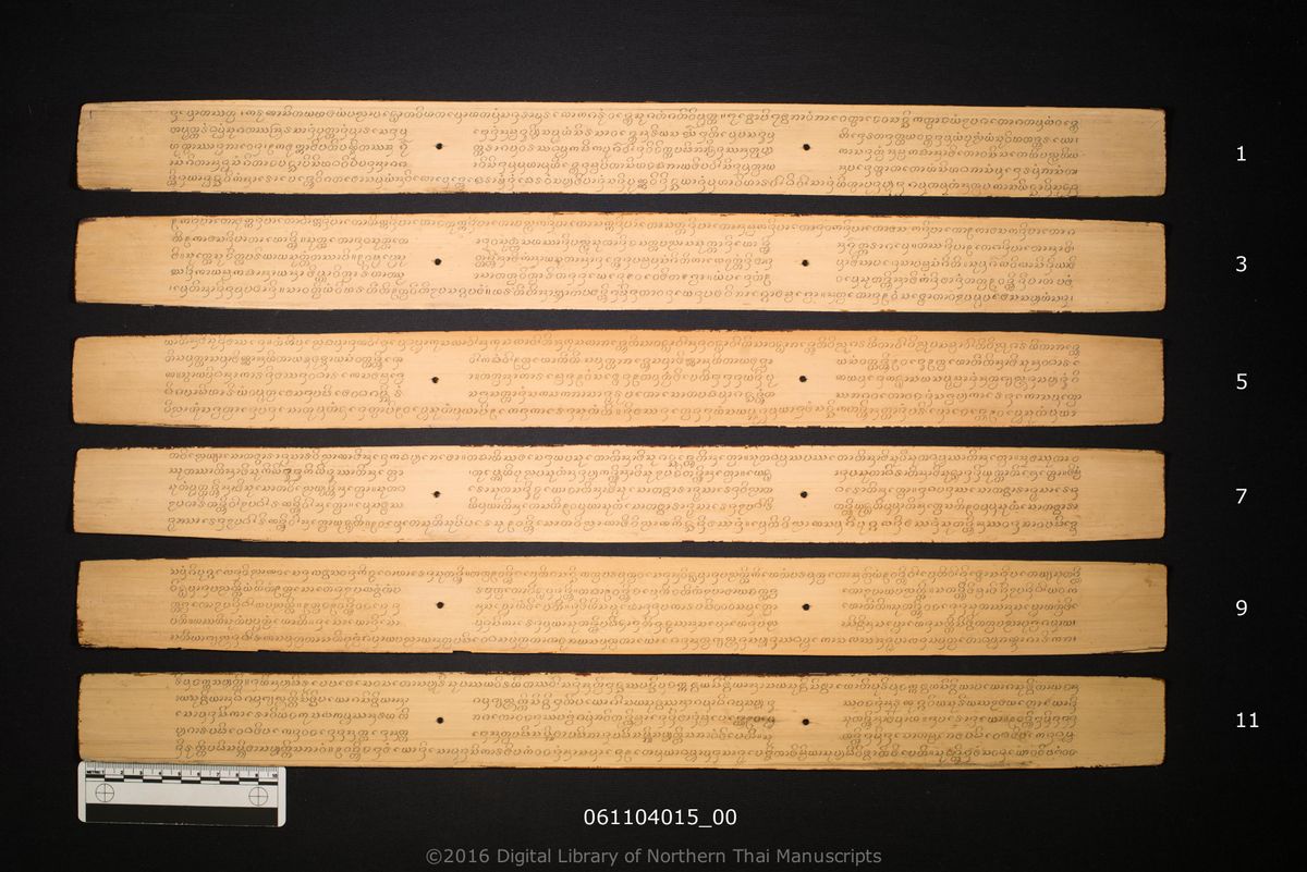 a page of Attha eka aṅguttaranikāya, a palm-leaf Buddhist Canonical (พระไตรปิฎก) manuscript in Tham Lanna script, held at Wat Phra Koet, Nan