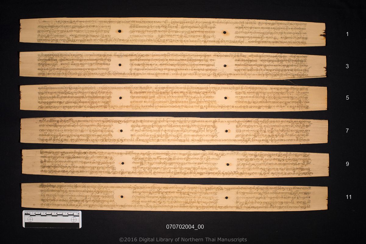 a page of Matsima nikai, a palm-leaf Buddhist Canonical (พระไตรปิฎก) manuscript in Tham Lanna script, held at Wat Luang Ratchasanthan, Phayao; dated 1148 (Cunlasakkalat (CS))
