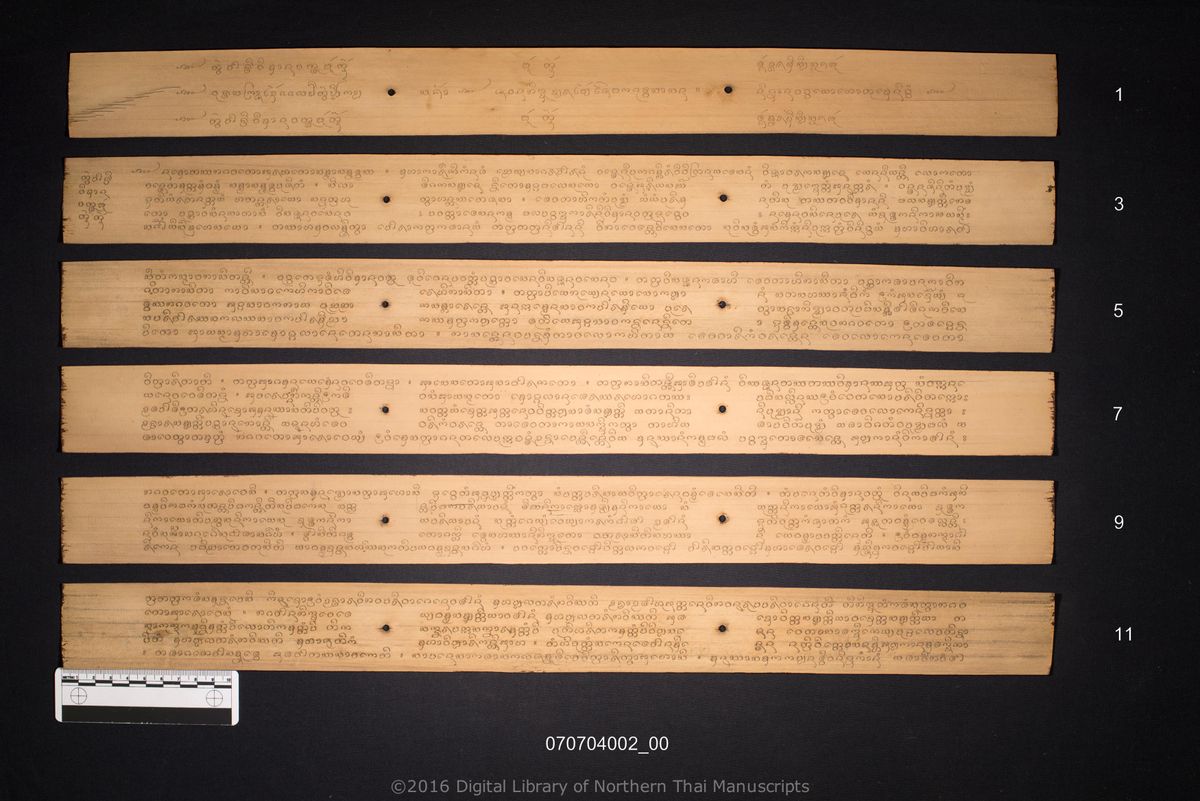 a page of no title (5959), a palm-leaf Buddhist Canonical (พระไตรปิฎก) manuscript in Tham Lanna script, held at Wat Luang Ratchasanthan, Phayao; dated 1196 (Cunlasakkalat (CS))