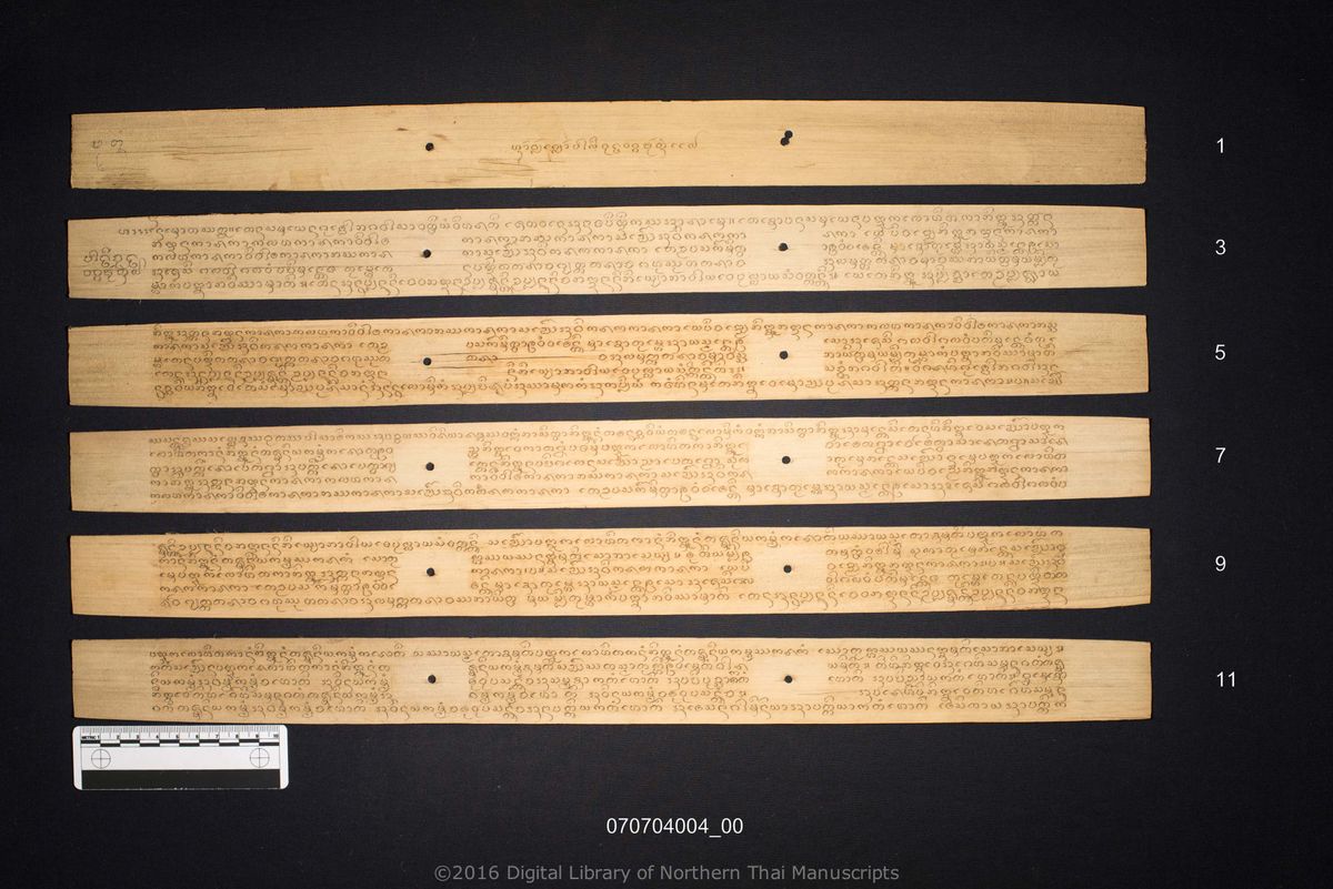a page of no title (5960), a palm-leaf Buddhist Canonical (พระไตรปิฎก) manuscript in Tham Lanna script, held at Wat Luang Ratchasanthan, Phayao