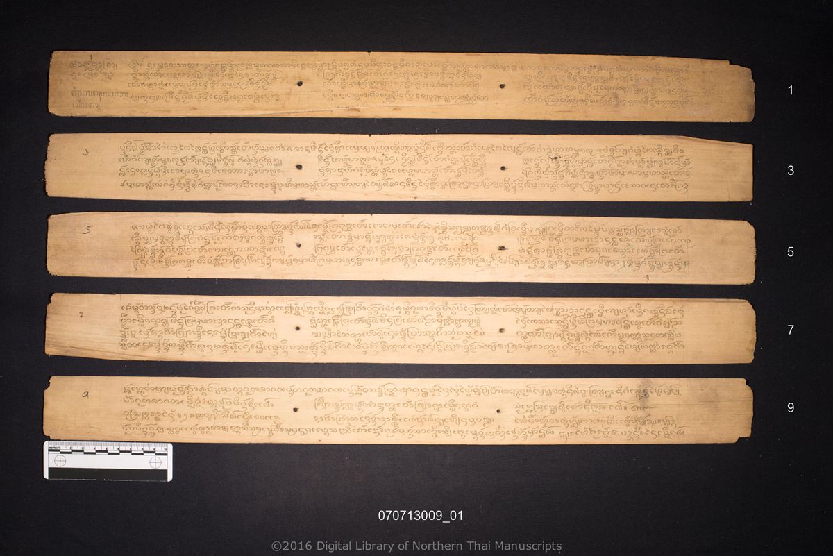 a page of Tamnan that cao phanya non mueang ngao, a palm-leaf Chronicle (Tamnan) (ตำนาน) manuscript in Tham Lanna script, held at Wat Luang Ratchasanthan, Phayao; dated 1290 (Cunlasakkalat (CS))