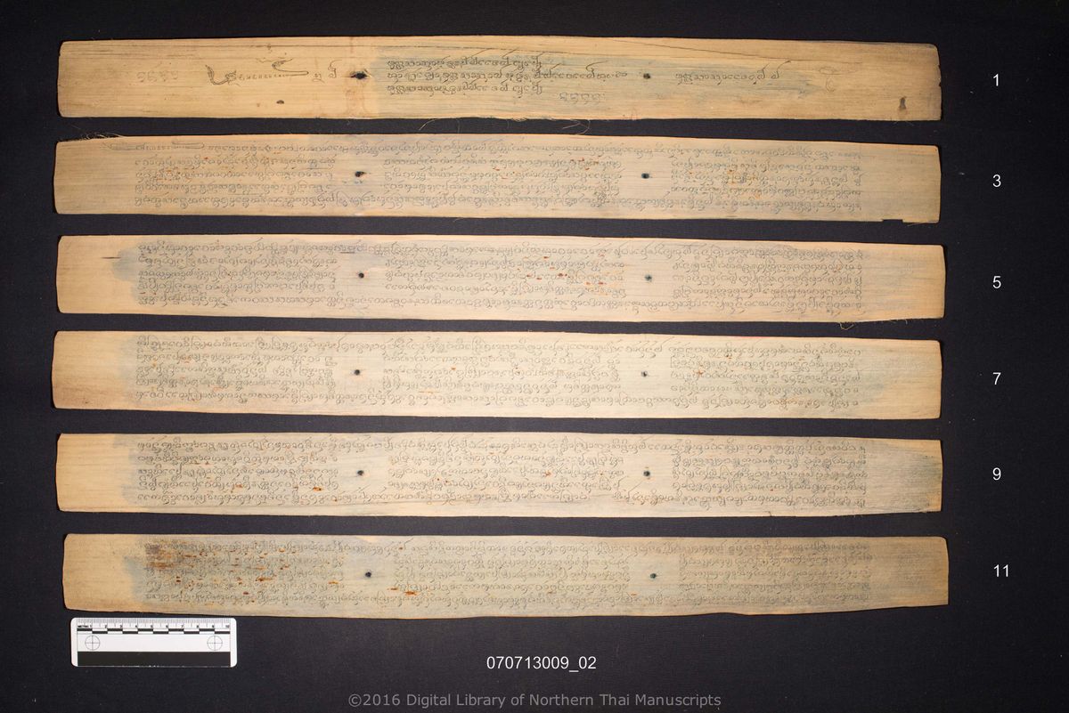 a page of Munlasasana, a palm-leaf Chronicle (Tamnan) (ตำนาน) manuscript in Tham Lanna script, held at Wat Luang Ratchasanthan, Phayao; dated 1212 (Cunlasakkalat (CS))