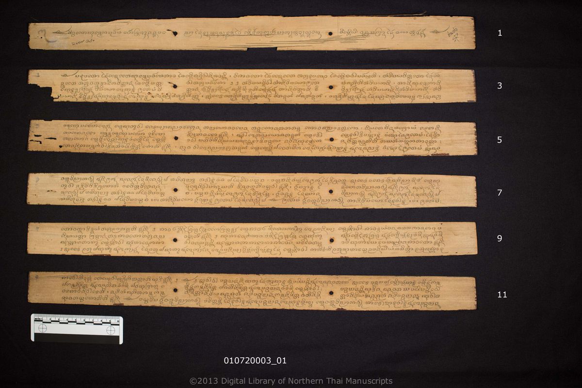 a page of Piccalana alammana sangkaha, a palm-leaf Buddhist Canonical (พระไตรปิฎก) manuscript in Tham Lanna script, held at Wat Phra Sing Woramahawihan, Chiang Mai; dated 1000 (Cunlasakkalat (CS))