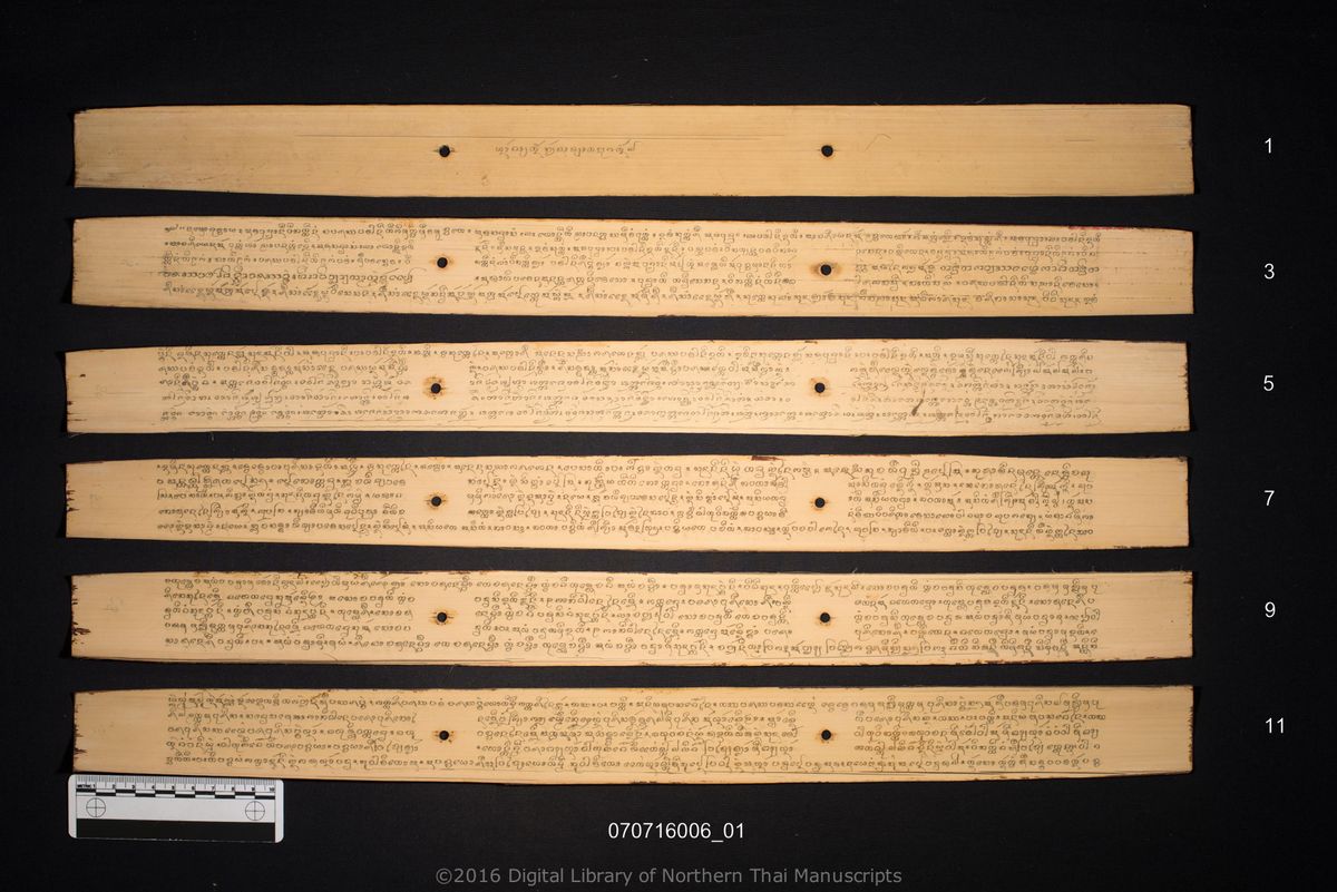 a page of Sap akhanyat, a palm-leaf Grammar & Lexicography (ไวยากรณ์) manuscript in Tham Lanna script, held at Wat Luang Ratchasanthan, Phayao