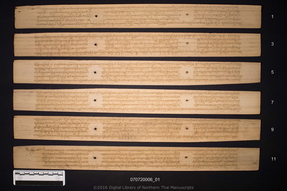 a page of Anison khao salak, a palm-leaf Buddhist Canonical (พระไตรปิฎก) manuscript in Tham Lanna script, held at Wat Luang Ratchasanthan, Phayao; dated 1199 (Cunlasakkalat (CS))