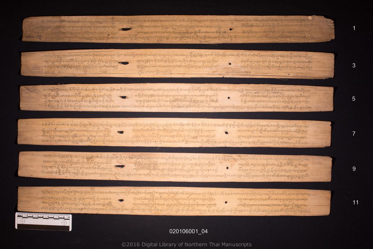 a page of no title (6044), a palm-leaf Buddhist Canonical (พระไตรปิฎก) manuscript in Tham Lanna script, held at Wat Phra That Hariphunchai Woramahawihan, Lamphun