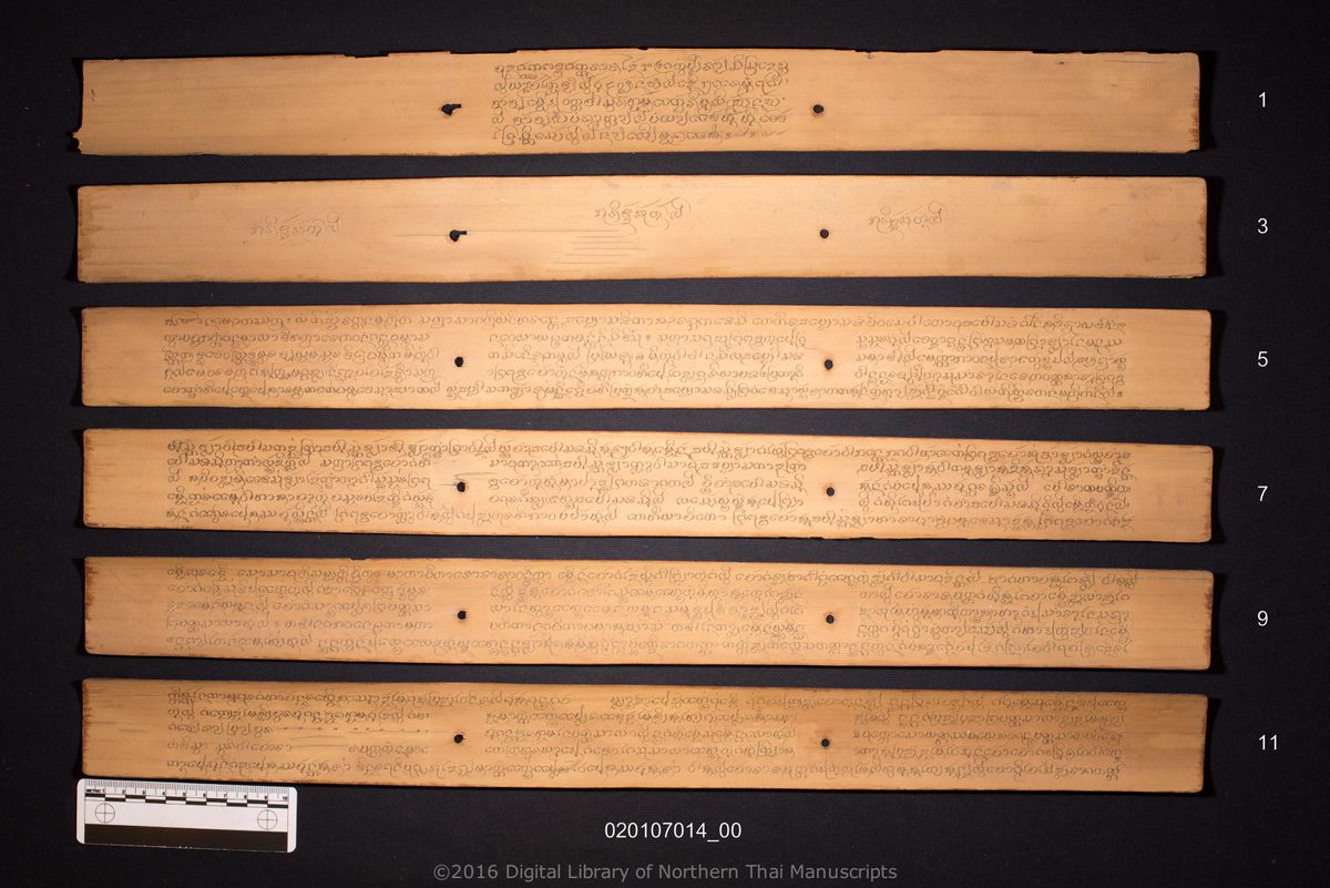 a page of Phulitat, a palm-leaf Jātaka (ชาดก) manuscript in Tham Lanna script, held at Wat Phra That Hariphunchai Woramahawihan, Lamphun