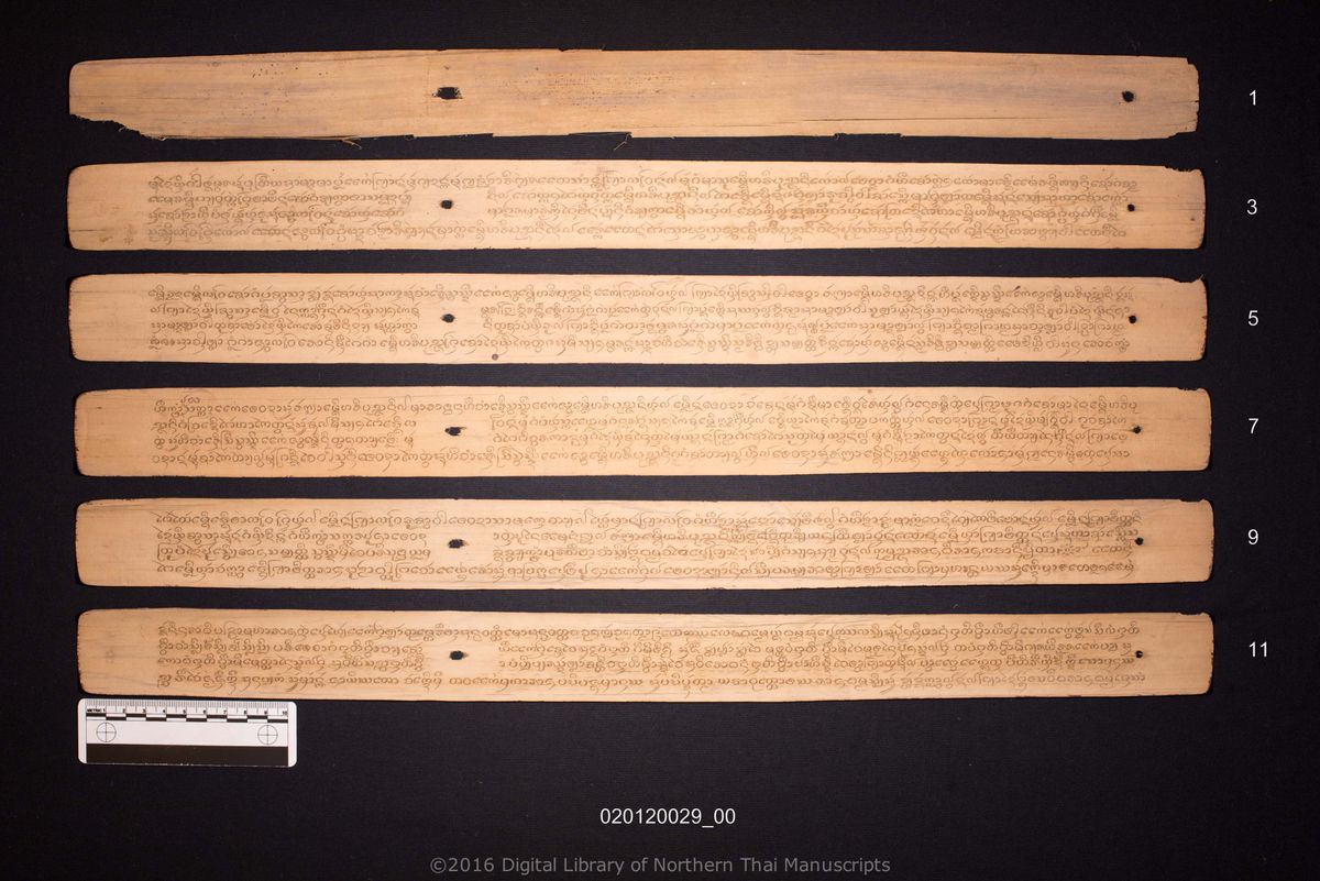 a page of Munlasasana thammatet, a palm-leaf Chronicle (Tamnan) (ตำนาน) manuscript in Tham Lanna script, held at Wat Phra That Hariphunchai Woramahawihan, Lamphun