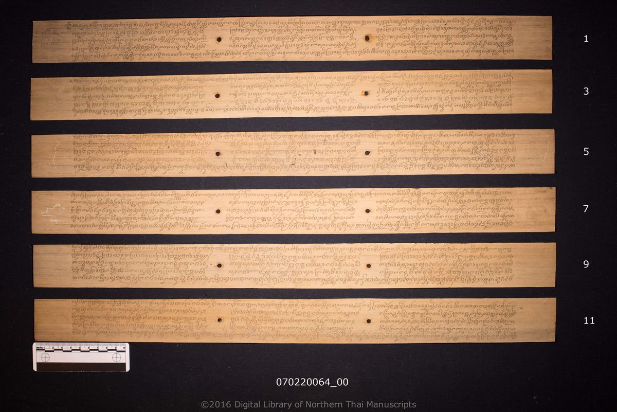 a page of Tamnan pha sing, a palm-leaf Chronicle (Tamnan) (ตำนาน) manuscript in Tham Lanna script, held at Wat Phra Luang, Phrae; dated 1249 (Cunlasakkalat (CS))