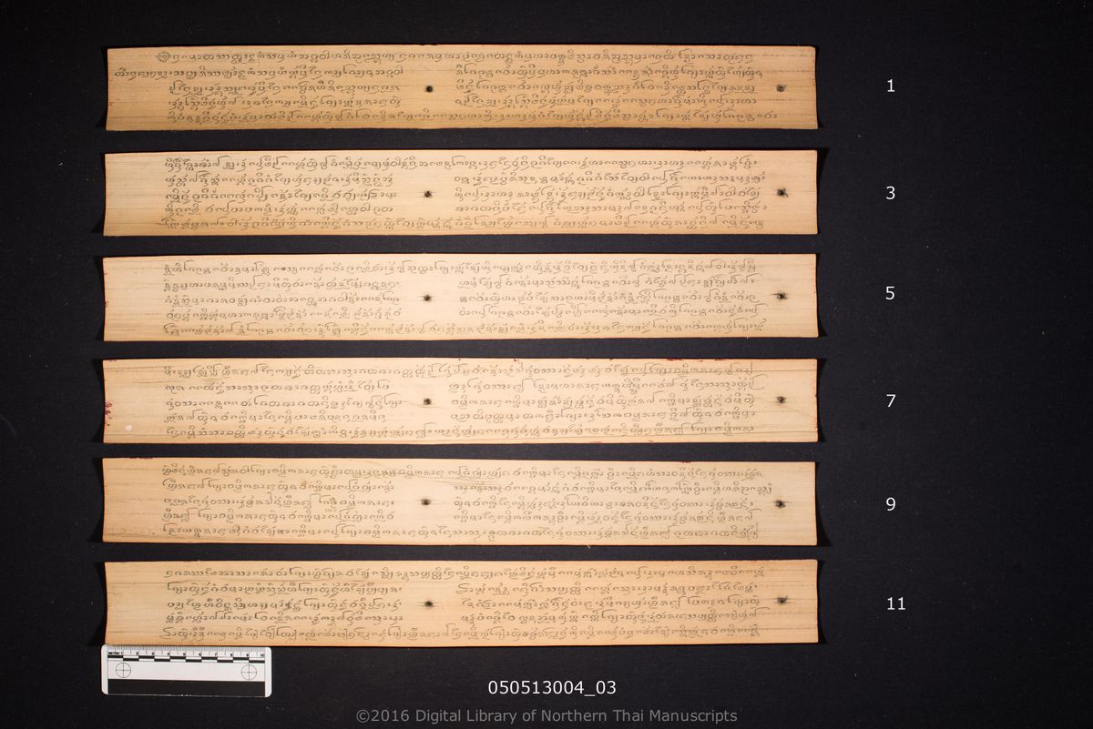 a page of no title (6205), a palm-leaf Chronicle (Tamnan) (ตำนาน) manuscript in Tham Lanna script, held at Wat Li, Phayao; dated 2493 (Buddhist Era (BE))