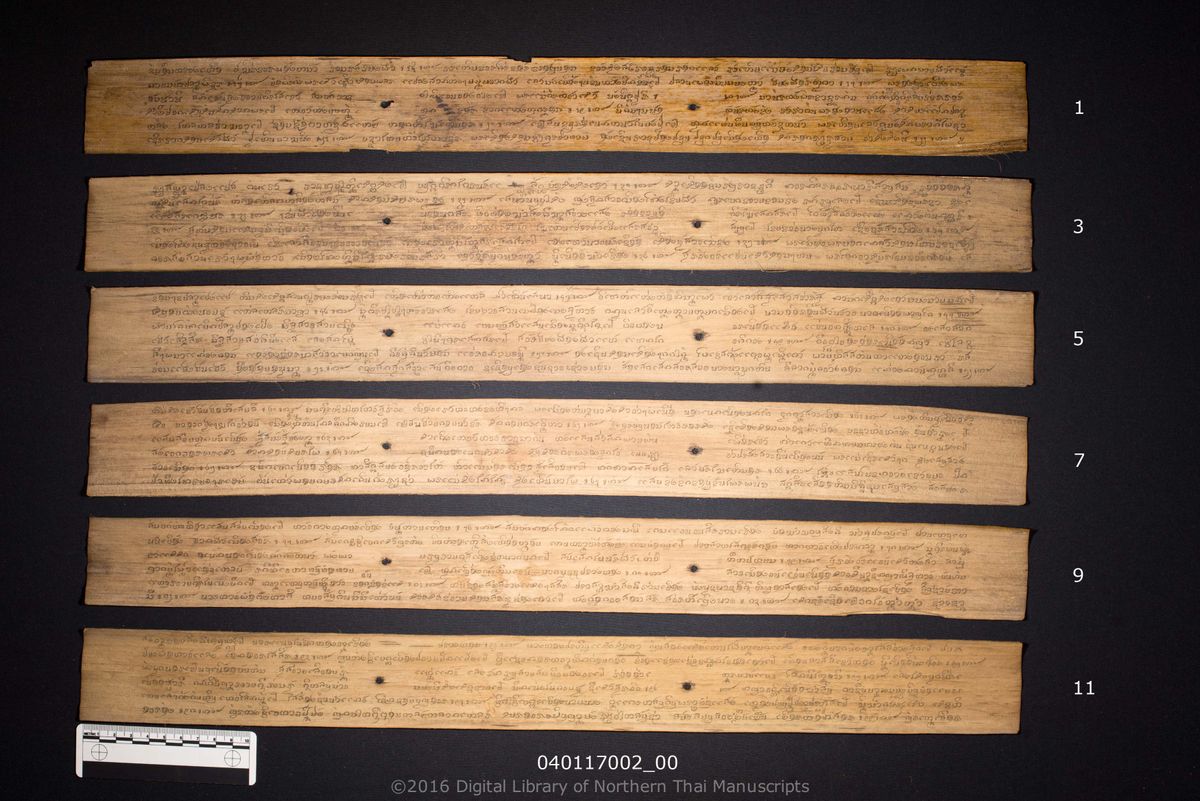 a page of no title (6478), a palm-leaf Poetry & Literature (วรรณกรรม) manuscript in Tham Lanna script, held at Wat Phra Sing, Chiang Rai; dated 1218 (Cunlasakkalat (CS))