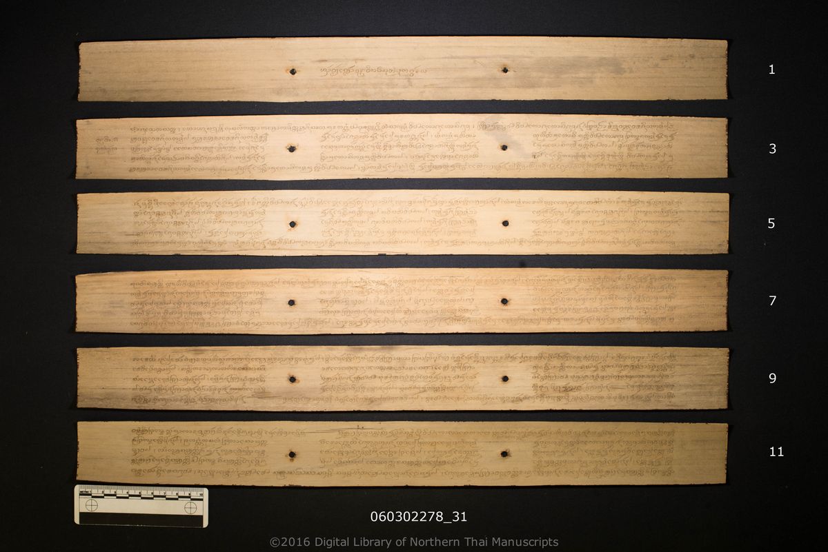 a page of no title (6485), a palm-leaf Buddhist Canonical (พระไตรปิฎก) manuscript in Tham Lanna script, dated 1223 (Cunlasakkalat (CS))