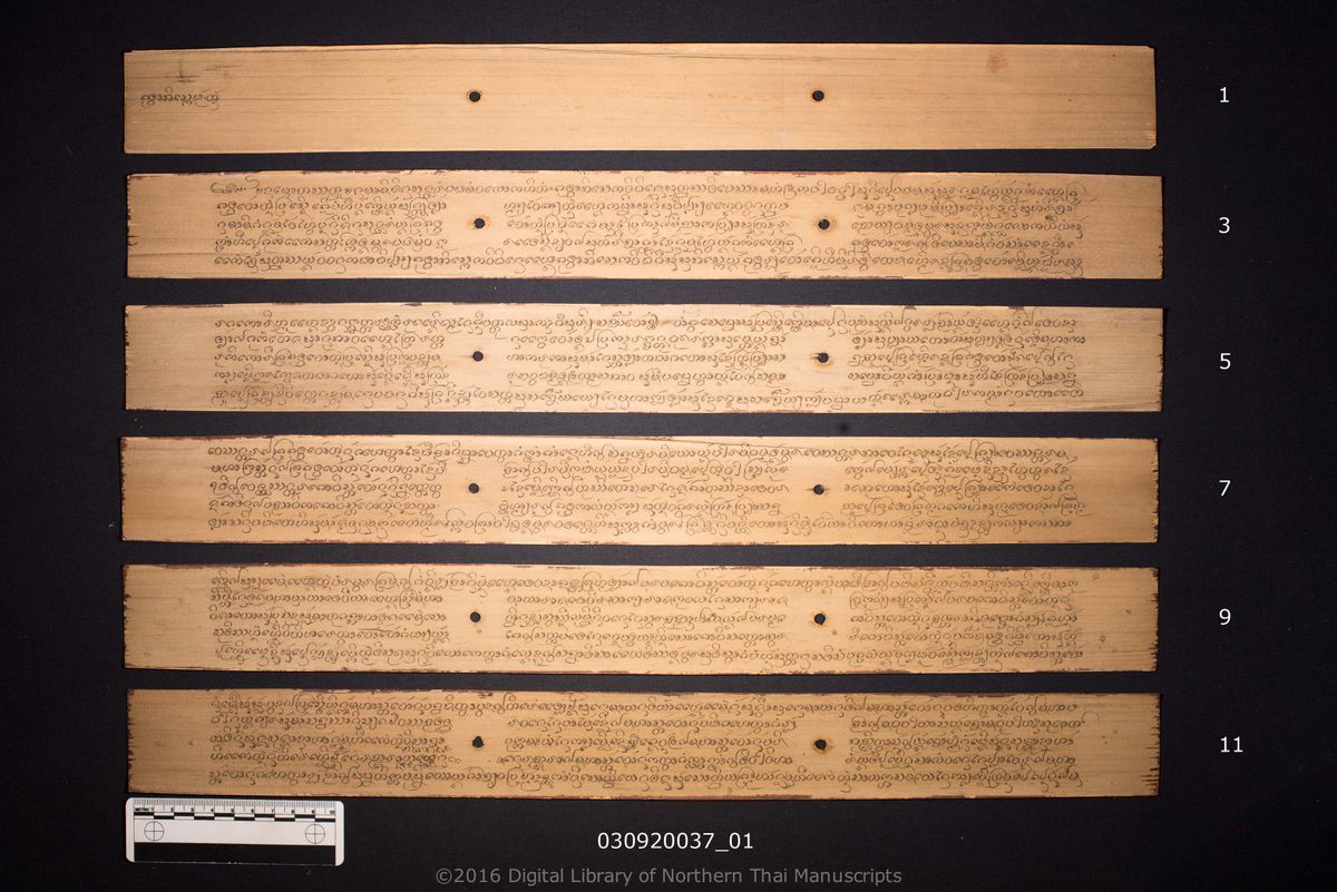 a page of no title (6584), a palm-leaf Chronicle (Tamnan) (ตำนาน) manuscript in Tham Lanna script, held at Wat Si Lom, Lampang; dated 1200 (Cunlasakkalat (CS))