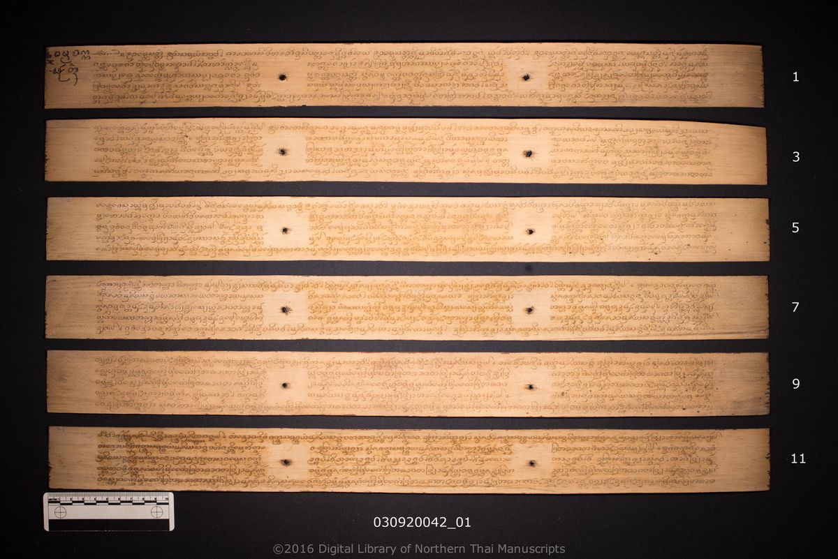 a page of no title (6588), a palm-leaf Buddhist Canonical (พระไตรปิฎก) manuscript in Tham Lanna script, held at Wat Si Lom, Lampang; dated 1190 (Cunlasakkalat (CS))