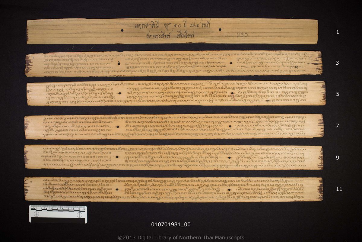 a page of Aṭṭhasālinī nāma abhidhammasaṅgiṇī, a palm-leaf Buddhist Canonical (พระไตรปิฎก) manuscript in Tham Lanna script, held at Wat Phra Sing Woramahawihan, Chiang Mai
