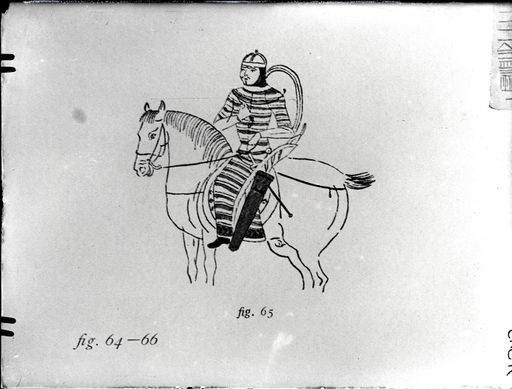 A 313: Zeichnung Grünwedel: Ritter mit Spangenhelm und langem Plättchenpanzer auf Pferd ; Le Coq, Bilderatlas, Fig. 65