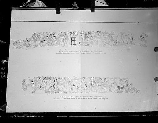 A 532: Grünwedels Zeichnung der Wandmalereien mit Figurenstreifen aus der Maitrakanyaka- und der Śroṇakotikarna - Legende
