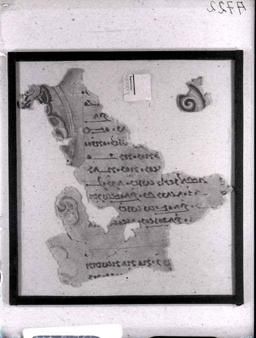 A 722: Gerahmtes Textfragment mit Ornament und kleines Fragment mit Teil einer Ranke