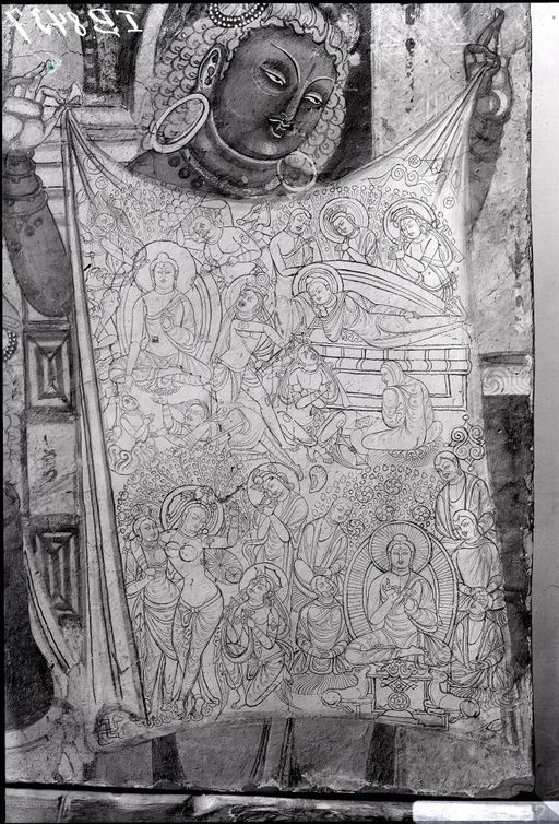 B 139: Die Verkündung von Gautamas Tod an Ajātaśatru (Detail: Lebensgeschichte des Buddha auf dem Tuch) abc