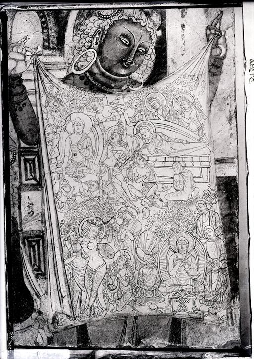 B139: Die Verkündung von Gautamas Tod an Ajātaśatru (Detail: Lebensgeschichte des Buddha auf dem Tuch) abc (B_139b_IB_8437.jpg)