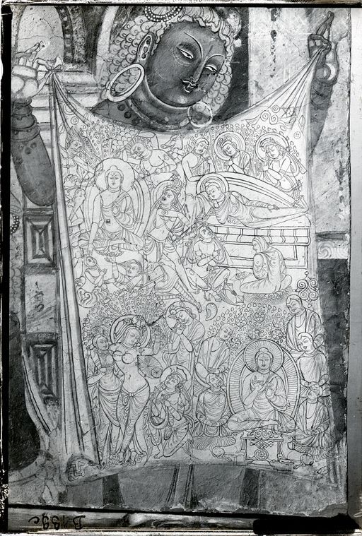 B139: Die Verkündung von Gautamas Tod an Ajātaśatru (Detail: Lebensgeschichte des Buddha auf dem Tuch) abc (B_139c_IB_8437.jpg)