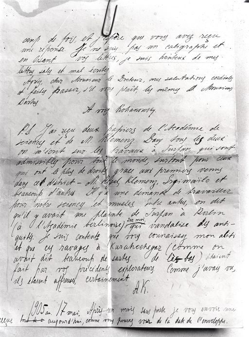 B 1525: Brief von A. Kochanowski an v. Le Coq, der zeigt, dass jener von der Akademie in St. Petersburg zur Exploration in die Turfan-Oase geschickt wurde.