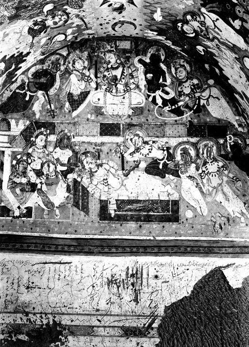 B1701: Szenen aus dem Tuṣita-Himmel, Śvetaketu berät sich über seine Wiedergeburt und stirbt; Szenen in Berglandschaften. darunter sind Inschriften (in Mandschurisch) und Graffiti (in premodern Uigurisch) zu sehen. (B_1701_IB_8411_Kiz_118.jpg)