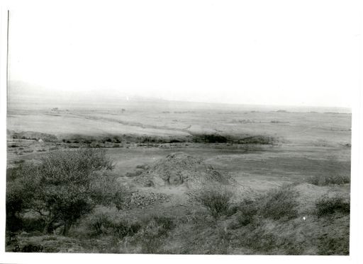 B 1804: Blick vom Hügel auf Ruine und durch Bachschluchten zerfurchte Hochebene