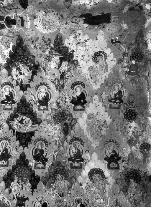 B1834: Himmelskörper, fliegender Mönch, Windgott, Garuḍa sowie Legendendarstellungen und sitzende Buddhas in Berglandschaften (B_1834_Kiz_38.jpg)