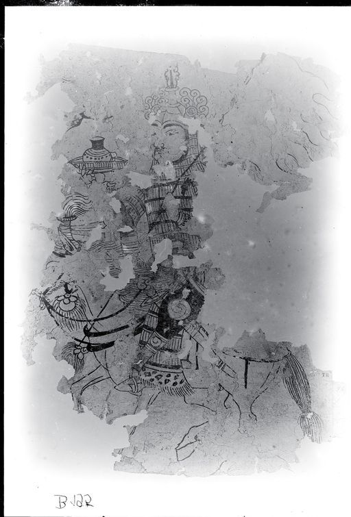 B195: Teil eines Pothiblattes mit Zeichnung: Gewappneter Reiter und Tablett mit Gefäß darüber undeutlich ein Vogel, Darstellung aus dem Hariścandra- oder Kāñcanasāra-Avadāna (B_195_III_6329.jpg)