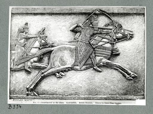 B 554: Assurbanipal auf der Jagd, Relief aus dem Kouyunjik Palast in Ninive im British Museum, Zeichnung von St-Elme Gautier