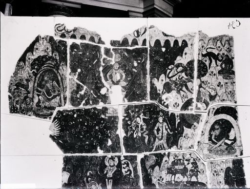 C 34: Berglandschaften mit Darstellungen von buddhistischen Legenden ; zusammengesetzte Gemäldeplatten vor der endgültigen Restaurierung ; Detail von C 32