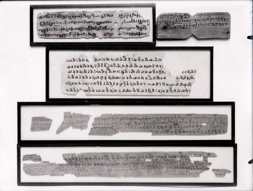 C 85: Fünf einzeln gerahmte Handschriftenblätter in Brāhmī-Schrift: 2 Blätter buddhistischer Dramen (800 und 801); ein Blatt: Kāvya Jātakamālā 72,13, 73,13 T 848; 2 Teile von Sūtra-Erkärungen 540