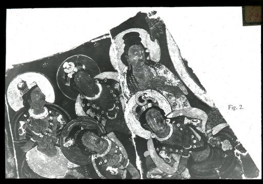 T 199: Gottheiten als Adoranten eines rechts anschließenden Buddha in einer Mandorla