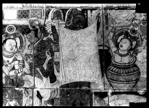 T 218: Ajātaśatru-Legende, oberer Teil des Bildes: der König bekommt das Bild mit den Lebensstadien des Buddha gezeigt und erfährt so - im Ölbad - von dessen Tod